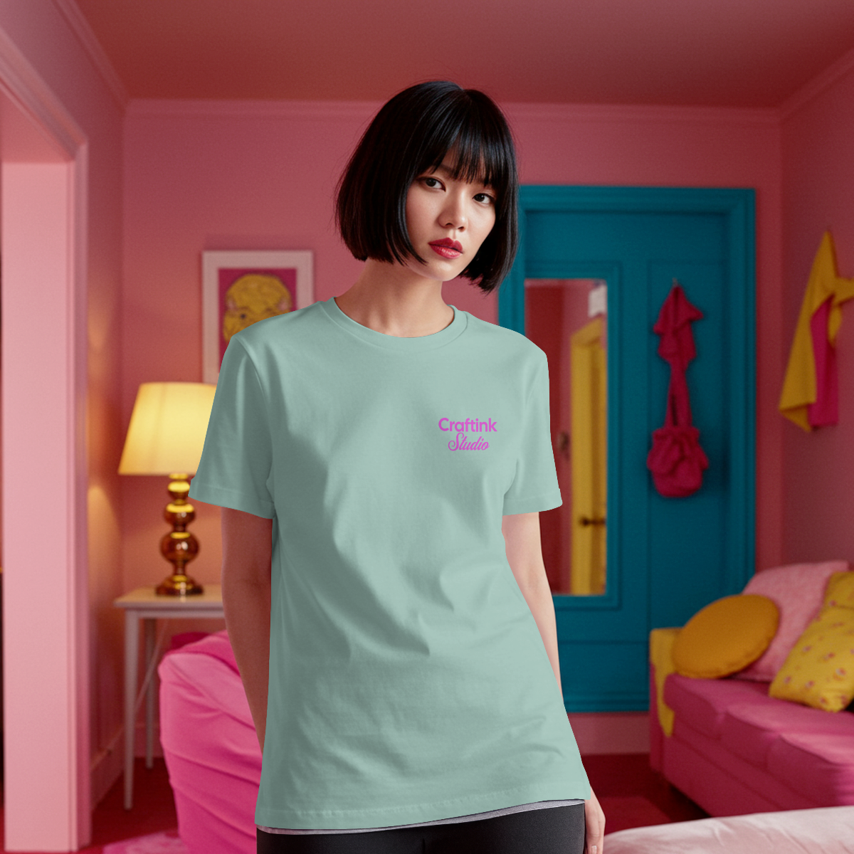 Camiseta Manga Corta Verde Menta Logo Rosa | Craftink Studio