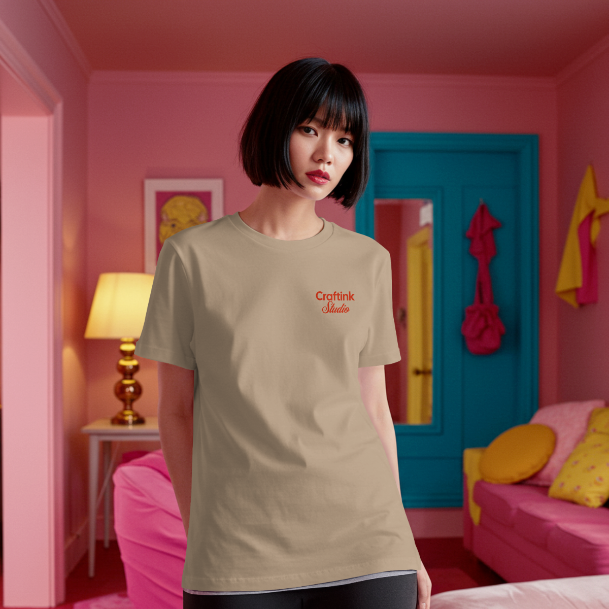 Camiseta Manga Corta Marrón Logo Rojo | Craftink Studio